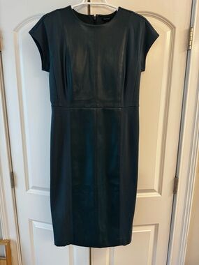 Ann Taylor Dark Green/Teal Faux-Leather Cap-Sleeve Midi Dress